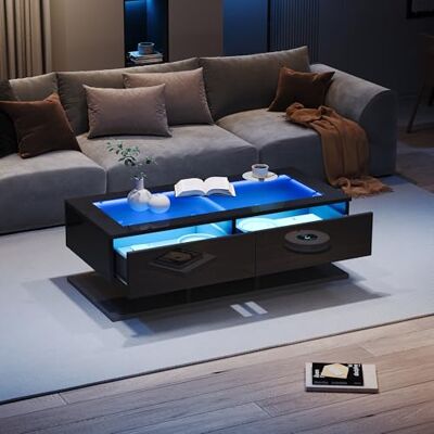 BTM Table Basse 100x50x35 cm Haute Brillance LED, Plateau Verre Tiroirs, Salon Noir - Publicité BTM Table Basse 100x50x35 cm Haute Brillance LED, Plateau Verre Tiroirs, Salon Noir - Publicité