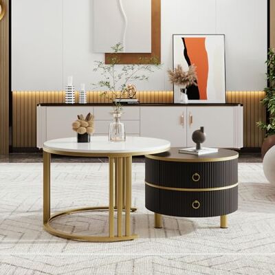BTM Table Basse Ronde 2 en 1, Noir avec 2 tiroirs + Table Basse Salon en marbre Blanc MDF avec Support en métal doré, 50 * 50 * 40 + 70 * 70 * 46cm - Publicité BTM Table Basse Ronde 2 en 1, Noir avec 2 tiroirs + Table Basse Salon en marbre Blanc MDF avec Support en métal doré, 50 * 50 * 40 + 70 * 70 * 46cm - Publicité