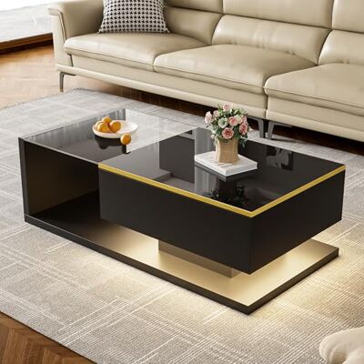 BTM Table Basse Moderne à LED avec Plateau en Verre, rectangulaire en Bois avec Rangement caché et Ouvert, Tables d'appoint pour Salon, 50P x 100l x 33H, Noir - Publicité BTM Table Basse Moderne à LED avec Plateau en Verre, rectangulaire en Bois avec Rangement caché et Ouvert, Tables d'appoint pour Salon, 50P x 100l x 33H, Noir - Publicité