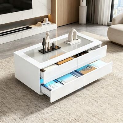 BTM Table Basse Blanche Moderne 100x50x40cm, Plateau Verre trempé, façades Haut Brillant, 4 tiroirs avec éclairage LED, Panneau de Particules Charge Max 35kg Salon - Publicité BTM Table Basse Blanche Moderne 100x50x40cm, Plateau Verre trempé, façades Haut Brillant, 4 tiroirs avec éclairage LED, Panneau de Particules Charge Max 35kg Salon - Publicité