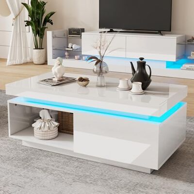 BTM Table Basse Rectangulaire avec Éclairage LED, Table Basse Blanche Brillante avec Tiroir et Copartiment, Table d'appoint de Salon, Charge de 50kg, 100x50x40.3cm, Blanc - Publicité BTM Table Basse Rectangulaire avec Éclairage LED, Table Basse Blanche Brillante avec Tiroir et Copartiment, Table d'appoint de Salon, Charge de 50kg, 100x50x40.3cm, Blanc - Publicité