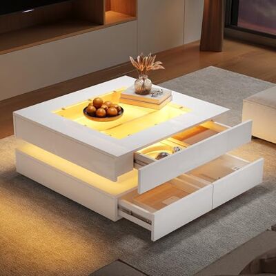 BTM Table Basse 70x70x35 cm Plateau Verre, Design Géométrique LED, 3 Tiroirs, Haute Brillance Salon, Blanc - Publicité BTM Table Basse 70x70x35 cm Plateau Verre, Design Géométrique LED, 3 Tiroirs, Haute Brillance Salon, Blanc - Publicité