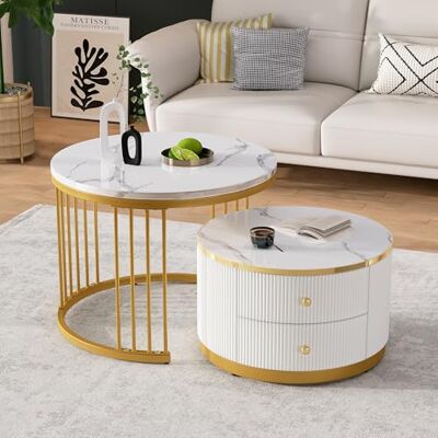 Merax Lot de 2 tables basses rondes Table de salon moderne avec 2 tiroirs, finition marbrée brillante, structure en métal doré, pour salon, balcon, bureau - Publicité Merax Lot de 2 tables basses rondes Table de salon moderne avec 2 tiroirs, finition marbrée brillante, structure en métal doré, pour salon, balcon, bureau - Publicité