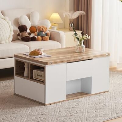 BTM Table Basse Relevable Multifonction, Plateau Devient 2, Blanc + Teinte Bois Originale, Grande Capacité, Mobilier Moderne, Bureau-Salle à Manger - Publicité BTM Table Basse Relevable Multifonction, Plateau Devient 2, Blanc + Teinte Bois Originale, Grande Capacité, Mobilier Moderne, Bureau-Salle à Manger - Publicité