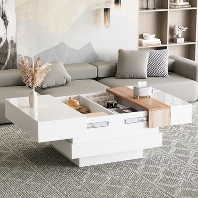 Merax Table basse carrée moderne extensible avec plateau coulissant Table basse multifonction avec espace de rangement caché Table basse brillante pour bureau à domicile Blanc et couleur bois - Publicité Merax Table basse carrée moderne extensible avec plateau coulissant Table basse multifonction avec espace de rangement caché Table basse brillante pour bureau à domicile Blanc et couleur bois - Publicité