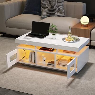 BTM Table Basse Haute Brillance Blanche 100x50x43 cm LED App, Armoire Prise De Courant, Bureau Atelier - Publicité BTM Table Basse Haute Brillance Blanche 100x50x43 cm LED App, Armoire Prise De Courant, Bureau Atelier - Publicité