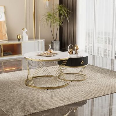 BTM Table Basse modulable élégante : Aspect marbre, décor doré, Table d'appoint avec tiroirs – Lot de 2 - Publicité BTM Table Basse modulable élégante : Aspect marbre, décor doré, Table d'appoint avec tiroirs – Lot de 2 - Publicité