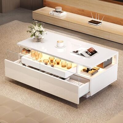 BTM Table Basse 90x45x35.5cm, Plateau, Brillant Haut, 2 Tiroirs, Verre Trempé, Portant, Lumière LED, Blanc, Salle de Séjour - Publicité BTM Table Basse 90x45x35.5cm, Plateau, Brillant Haut, 2 Tiroirs, Verre Trempé, Portant, Lumière LED, Blanc, Salle de Séjour - Publicité