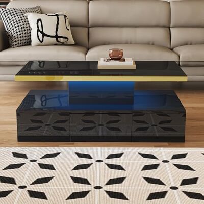 BTM Table Basse LED Via Bluetooth, Tiroirs et 2 étagères, Laque Haute Luminosité, Design Moderne Table Basse Salon, 100x50x39cm, Noir - Publicité BTM Table Basse LED Via Bluetooth, Tiroirs et 2 étagères, Laque Haute Luminosité, Design Moderne Table Basse Salon, 100x50x39cm, Noir - Publicité