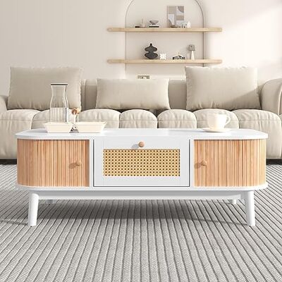 BTM Table Basse en Rotin, Tiroir avec rotin et Porte coulissante avec Lattes en Bois Massif, Pieds en Bois Massif, Coffee Table 110x55x39cm, Style Rustique Naturel - Publicité BTM Table Basse en Rotin, Tiroir avec rotin et Porte coulissante avec Lattes en Bois Massif, Pieds en Bois Massif, Coffee Table 110x55x39cm, Style Rustique Naturel - Publicité