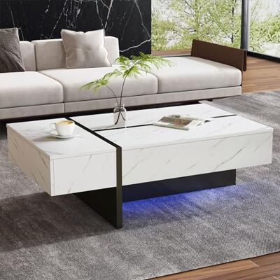 BTM Table Basse Blanche Moderne avec éclairage LED, Plateau laqué Brillant Effet marbre 105 x 60 x 35 cm /Buffet au Design Original pour Salon - Publicité BTM Table Basse Blanche Moderne avec éclairage LED, Plateau laqué Brillant Effet marbre 105 x 60 x 35 cm /Buffet au Design Original pour Salon - Publicité