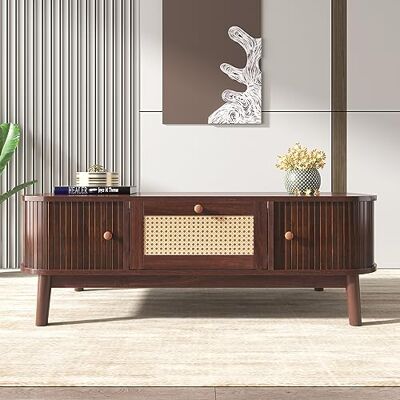 BTM Table Basse, Tiroir avec Rotin et Porte Coulissante avec Lattes en Bois Massif, Pieds en Bois Massif, Coffee Table Salon, Style Rustique Naturel, Brun - Publicité BTM Table Basse, Tiroir avec Rotin et Porte Coulissante avec Lattes en Bois Massif, Pieds en Bois Massif, Coffee Table Salon, Style Rustique Naturel, Brun - Publicité