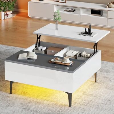 BTM Table Basse 70 x 70 x 35 cm, réglable en Hauteur avec rangements et étagères dissimulés, de Salon Blanche laquée, Bureau avec éclairage LED, d'appoint avec tiroirs - Publicité BTM Table Basse 70 x 70 x 35 cm, réglable en Hauteur avec rangements et étagères dissimulés, de Salon Blanche laquée, Bureau avec éclairage LED, d'appoint avec tiroirs - Publicité