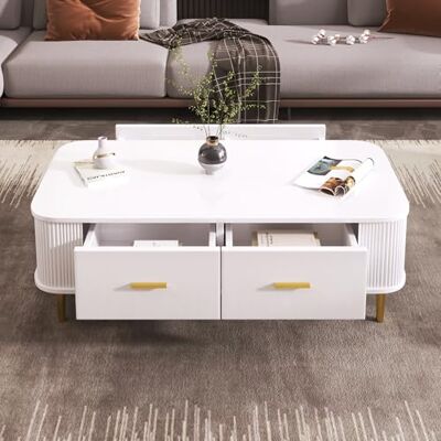 BTM Table Basse Salon, Table Basse Bois avec 4 Tiroirs, Coin Arrondi, Poignées et Pieds de Table Dorés, Moderne, 105x51x36cm, Blanche - Publicité BTM Table Basse Salon, Table Basse Bois avec 4 Tiroirs, Coin Arrondi, Poignées et Pieds de Table Dorés, Moderne, 105x51x36cm, Blanche - Publicité