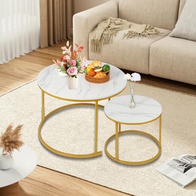 LANTUS Lot de 2 Table Basse Aspect marbre/d'appoint pour Salon Diamètre 60 + 40 cm Grande Table Ronde Aspect marbre Blanc et Structure en Acier doré -B (60 * 60 * 45 e 40 * 40 * 38) Gamba Dorata - Publicité LANTUS Lot de 2 Table Basse Aspect marbre/d'appoint pour Salon Diamètre 60 + 40 cm Grande Table Ronde Aspect marbre Blanc et Structure en Acier doré -B (60 * 60 * 45 e 40 * 40 * 38) Gamba Dorata - Publicité
