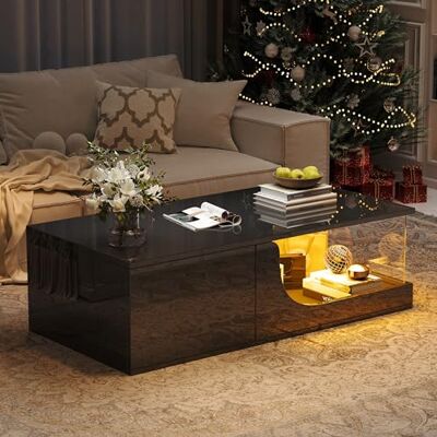 BTM 100x50x30cm Table Basse avec 2 Tiroirs, d'Appoint de Salon Brillant, en MDF, Table à Café avec LED, Portante en Verre Trempé, de Design Noire - Publicité BTM 100x50x30cm Table Basse avec 2 Tiroirs, d'Appoint de Salon Brillant, en MDF, Table à Café avec LED, Portante en Verre Trempé, de Design Noire - Publicité