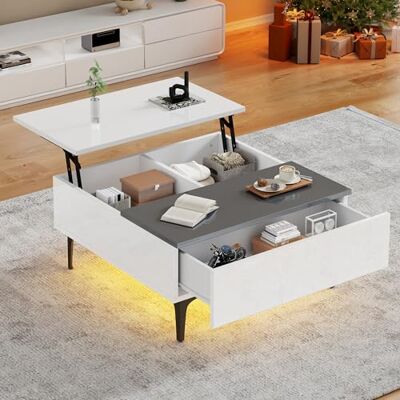 BTM Table Basse 70 x 70 x 35 cm, réglable en Hauteur avec rangements et étagères dissimulés, de Salon Blanche laquée, Bureau avec éclairage LED, d'appoint avec tiroirs - Publicité BTM Table Basse 70 x 70 x 35 cm, réglable en Hauteur avec rangements et étagères dissimulés, de Salon Blanche laquée, Bureau avec éclairage LED, d'appoint avec tiroirs - Publicité
