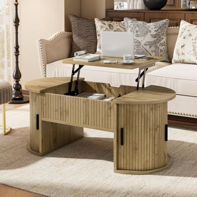 Merax Table basse réglable en hauteur, table de salon ovale avec fonction de levage, portes coulissantes, étagères ouvertes, table de canapé avec poignées en métal, pour petits appartements et - Publicité Merax Table basse réglable en hauteur, table de salon ovale avec fonction de levage, portes coulissantes, étagères ouvertes, table de canapé avec poignées en métal, pour petits appartements et - Publicité