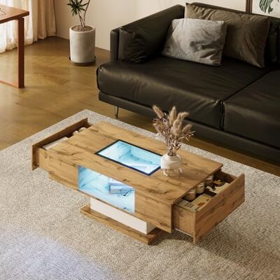 BTM Table Basse LED Réglable, 2 tiroirs, Table de Salon en Verre, Rectangle, 110x60x40 H cm, Bois - Publicité BTM Table Basse LED Réglable, 2 tiroirs, Table de Salon en Verre, Rectangle, 110x60x40 H cm, Bois - Publicité