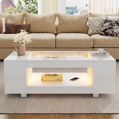BTM Table Basse Blanche avec Éclairage LED, Table Basse de Salon avec Rangement Ouvert, Table d'Appoint en Bois, Comptoir en Verre, Design Moderne, Charge de 30kg, 100x50x35cm - Publicité BTM Table Basse Blanche avec Éclairage LED, Table Basse de Salon avec Rangement Ouvert, Table d'Appoint en Bois, Comptoir en Verre, Design Moderne, Charge de 30kg, 100x50x35cm - Publicité
