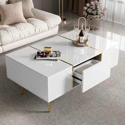 Merax Table basse moderne brillante avec éléments blancs et dorés, 2 tiroirs, 100 x 60 x 41,5 cm, facile d'entretien et avec film de protection - Publicité Merax Table basse moderne brillante avec éléments blancs et dorés, 2 tiroirs, 100 x 60 x 41,5 cm, facile d'entretien et avec film de protection - Publicité