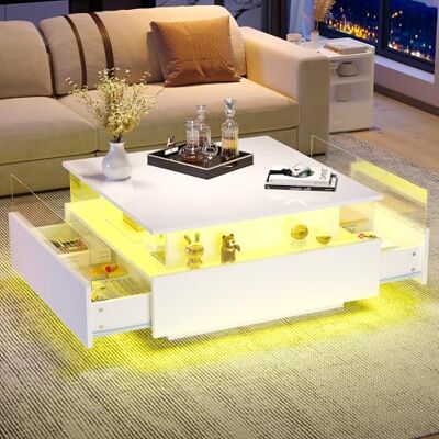 BTM Table Basse Carrée avec Éclairage LED, Moderne Table de Salon avec 2 Tiroirs et Compartiments, Charge de 30kg, 70x70x41cm, Blanche Brillante - Publicité BTM Table Basse Carrée avec Éclairage LED, Moderne Table de Salon avec 2 Tiroirs et Compartiments, Charge de 30kg, 70x70x41cm, Blanche Brillante - Publicité