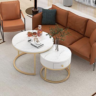 Merax Lot de 2 tables basses rondes, table d'appoint moderne pour salon avec tiroir, piétement en métal doré, motif marbre, tables de canapé pour chambre, balcon, bureau, Blanc - Publicité Merax Lot de 2 tables basses rondes, table d'appoint moderne pour salon avec tiroir, piétement en métal doré, motif marbre, tables de canapé pour chambre, balcon, bureau, Blanc - Publicité
