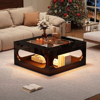 BTM 70x70x35cm Table de Salon Carrée, Basse Creusée au Milieu, Table à Thé avec Plateau en Verre Trempé, LED Brillant, de Fête de Noël, Noire, MDF - Publicité BTM 70x70x35cm Table de Salon Carrée, Basse Creusée au Milieu, Table à Thé avec Plateau en Verre Trempé, LED Brillant, de Fête de Noël, Noire, MDF - Publicité