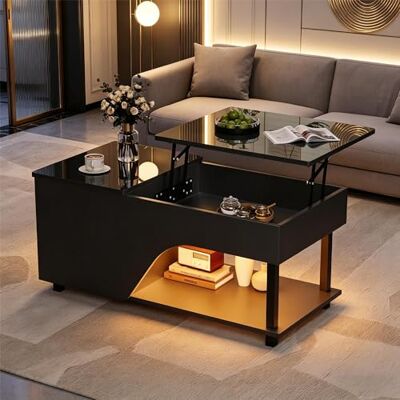BTM Table Basse De Salon Noire Réglable en Hauteur 50×100×46Cm, Table À Café Structure Ajourée Haut Brillant avec Éclairage LED, Rangement Caché, Étagère Latérale, Table D’appoint - Publicité BTM Table Basse De Salon Noire Réglable en Hauteur 50×100×46Cm, Table À Café Structure Ajourée Haut Brillant avec Éclairage LED, Rangement Caché, Étagère Latérale, Table D’appoint - Publicité