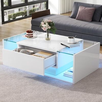 BTM 100x50x31cm Table Basse, Table à Café avec 1 Tiroir et Ruban LED, d'Appoint en Verre Trempé, Brillant, Blanche dans Un Design Minimaliste - Publicité BTM 100x50x31cm Table Basse, Table à Café avec 1 Tiroir et Ruban LED, d'Appoint en Verre Trempé, Brillant, Blanche dans Un Design Minimaliste - Publicité