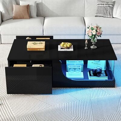Merax Table Basse LED avec 2 tiroirs, Table de Salon Haute Brillance avec Plateau en Verre trempé, Table de café Moderne avec éclairage RGB contrôlé par Application, Couleur Noire,100×50x30 cm - Publicité Merax Table Basse LED avec 2 tiroirs, Table de Salon Haute Brillance avec Plateau en Verre trempé, Table de café Moderne avec éclairage RGB contrôlé par Application, Couleur Noire,100×50x30 cm - Publicité