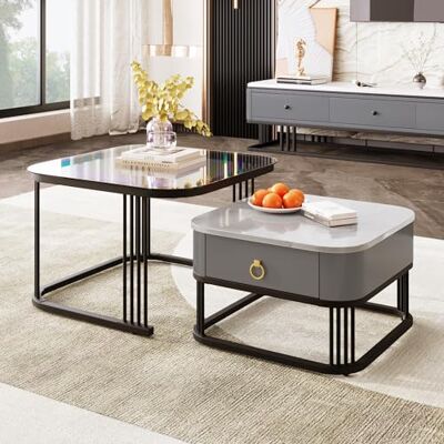 BTM Lot de 2 Tables Basses gigognes, Carrée 60/50cm, Marbre Brillant avec Plateau en Verre, tiroir pour Salon, Chambre, Design Moderne, Noir & Gris - Publicité BTM Lot de 2 Tables Basses gigognes, Carrée 60/50cm, Marbre Brillant avec Plateau en Verre, tiroir pour Salon, Chambre, Design Moderne, Noir & Gris - Publicité