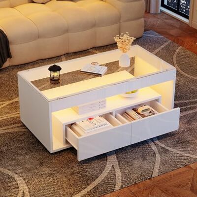BTM 100x50x40cm Table Basse Moderne avec Éclairage LED, Rectangulaire avec 2 Grands Tiroirs, Spacieuse en Verre, Design à Double Couche, Brillant, Grande, Blanc - Publicité BTM 100x50x40cm Table Basse Moderne avec Éclairage LED, Rectangulaire avec 2 Grands Tiroirs, Spacieuse en Verre, Design à Double Couche, Brillant, Grande, Blanc - Publicité