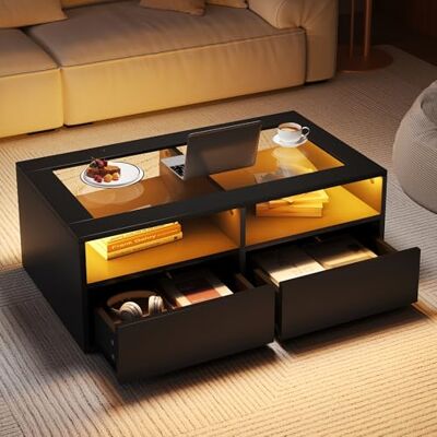 BTM Table Basse 100x50x35 cm LED, 2 Tiroirs Plateau Verre Double Couche, Rangement Ouvert Salon Noir - Publicité BTM Table Basse 100x50x35 cm LED, 2 Tiroirs Plateau Verre Double Couche, Rangement Ouvert Salon Noir - Publicité