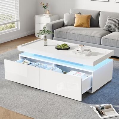 BTM Table Basse 95 x 45 x 35 cm, de Salon avec éclairage LED, à 2 tiroirs, d'appoint laquée Brillante, Coffee Table Minimaliste Moderne, au Design géométrique, Blanche - Publicité BTM Table Basse 95 x 45 x 35 cm, de Salon avec éclairage LED, à 2 tiroirs, d'appoint laquée Brillante, Coffee Table Minimaliste Moderne, au Design géométrique, Blanche - Publicité