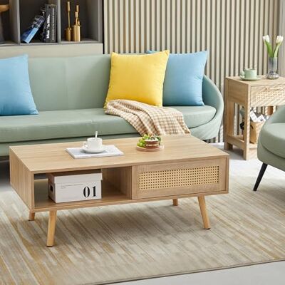 Calivra Table basse en rotin avec portes coulissantes, 105 x 55 x 40 cm, table de salon avec espace de rangement et pieds en bois massif, table basse moderne aspect noyer marron (bois naturel) - Publicité Calivra Table basse en rotin avec portes coulissantes, 105 x 55 x 40 cm, table de salon avec espace de rangement et pieds en bois massif, table basse moderne aspect noyer marron (bois naturel) - Publicité