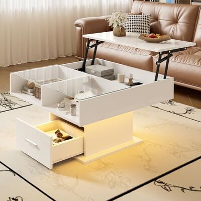 BTM Table Basse multifonctionnelle laquée Brillante avec éclairage LED, Hauteur réglable et Espace de Rangement modulable – Design Moderne pour Salons, Bureaux et Petits Appartements - Publicité BTM Table Basse multifonctionnelle laquée Brillante avec éclairage LED, Hauteur réglable et Espace de Rangement modulable – Design Moderne pour Salons, Bureaux et Petits Appartements - Publicité