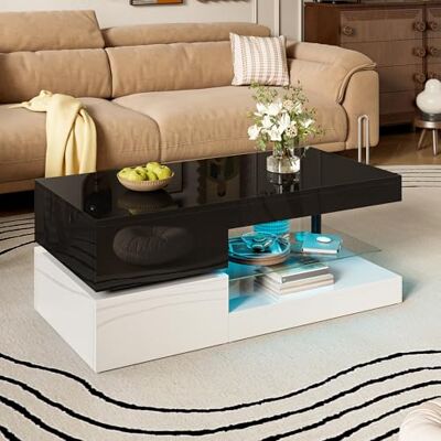Merax Table basse moderne 90 x 45 x 35,5 cm avec LED, étagère en verre, surface brillante, pour salon, noir et blanc - Publicité Merax Table basse moderne 90 x 45 x 35,5 cm avec LED, étagère en verre, surface brillante, pour salon, noir et blanc - Publicité