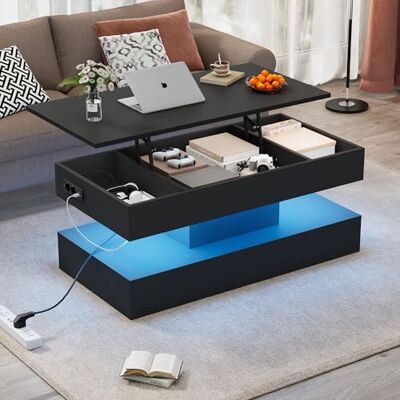 BTM Table Basse Noire avec Plateau Relevable, Table Basse Moderne avec Rangement Caché et Éclairage LED, Table d'appoint de Salon avec Prise Européenne et USB, Chage de 50kg, 100x50x40cm - Publicité BTM Table Basse Noire avec Plateau Relevable, Table Basse Moderne avec Rangement Caché et Éclairage LED, Table d'appoint de Salon avec Prise Européenne et USB, Chage de 50kg, 100x50x40cm - Publicité