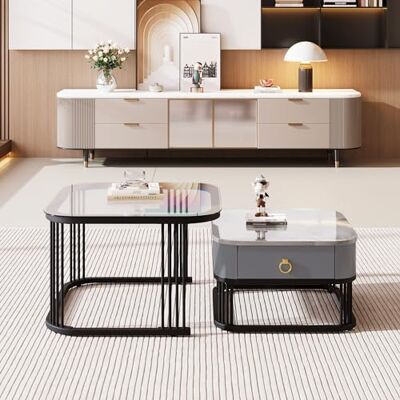 Merax Lot de 2 tables basses, de salon, table basse, avec tiroirs, aspect marbre brillant, accents dorés (tape E) - Publicité Merax Lot de 2 tables basses, de salon, table basse, avec tiroirs, aspect marbre brillant, accents dorés (tape E) - Publicité