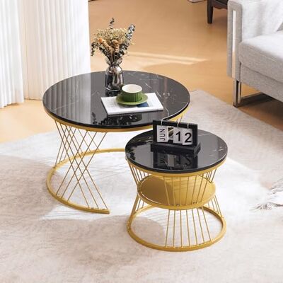 BTM Table Basse gigogne Moderne, Ensemble de 2 Tables Basses laquées Brillantes, en placage marbre, avec Structure dorée. Publicité BTM Table Basse gigogne Moderne, Ensemble de 2 Tables Basses laquées Brillantes, en placage marbre, avec Structure dorée. Publicité