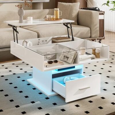 BTM Table Basse multifonctionnelle laquée Brillante avec éclairage LED, Hauteur réglable et Espace de Rangement modulable – Design Moderne pour Salons, Bureaux et Petits Appartements - Publicité BTM Table Basse multifonctionnelle laquée Brillante avec éclairage LED, Hauteur réglable et Espace de Rangement modulable – Design Moderne pour Salons, Bureaux et Petits Appartements - Publicité