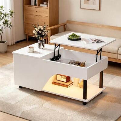 BTM Table Basse De Salon Blanche Réglable en Hauteur 50×100×46Cm, Table À Café Structure Ajourée Haut Brillant avec Éclairage LED, Rangement Caché, Étagère Latérale, Table D’appoint - Publicité BTM Table Basse De Salon Blanche Réglable en Hauteur 50×100×46Cm, Table À Café Structure Ajourée Haut Brillant avec Éclairage LED, Rangement Caché, Étagère Latérale, Table D’appoint - Publicité