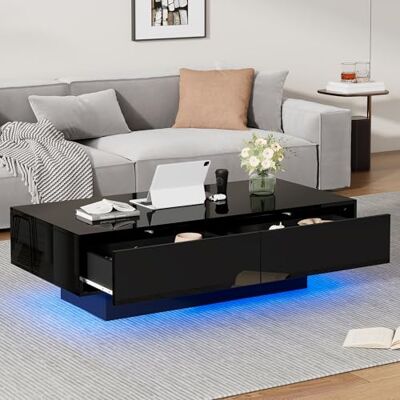 BTM Table Basse avec LED, Table Basse Noire avec 2 Tiroirs, Table d'Appoint Rectangulaire, Style Moderne, Charge de 30 kg, 115x55x34cm - Publicité BTM Table Basse avec LED, Table Basse Noire avec 2 Tiroirs, Table d'Appoint Rectangulaire, Style Moderne, Charge de 30 kg, 115x55x34cm - Publicité