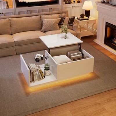 BTM Table Basse LED, laquée Brillante, de Salon avec Hauteur réglable, Rangement dissimulé et étagère, 50 x 100 x (33-46,5) cm - Publicité BTM Table Basse LED, laquée Brillante, de Salon avec Hauteur réglable, Rangement dissimulé et étagère, 50 x 100 x (33-46,5) cm - Publicité
