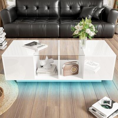 BTM Table Basse Moderne avec Éclairage LED, Table Basse Blanche en Verre avec Rangement, Table d'Appoint LED, Plateau à Haute Brillance, Charge de 60 kg, 120x50x38.5 cm - Publicité BTM Table Basse Moderne avec Éclairage LED, Table Basse Blanche en Verre avec Rangement, Table d'Appoint LED, Plateau à Haute Brillance, Charge de 60 kg, 120x50x38.5 cm - Publicité