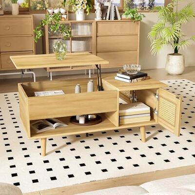 BTM Table Basse Élégante, Plateau Relevable, Portes en Rotin, Teinte Bois, Accents Noirs, Idéale pour la Salle de Séjour, Espace de Rangement Pratique - Publicité BTM Table Basse Élégante, Plateau Relevable, Portes en Rotin, Teinte Bois, Accents Noirs, Idéale pour la Salle de Séjour, Espace de Rangement Pratique - Publicité
