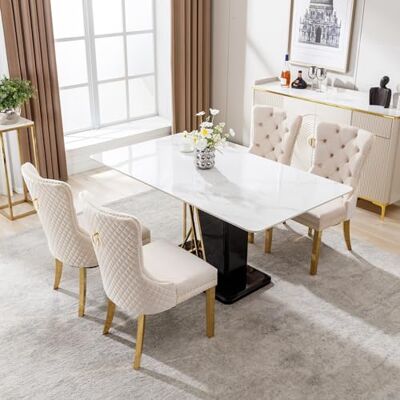 Merax Chaises de salle à manger rembourrées avec heurtoir de porte, embout en forme de clou et revêtement en velours Style luxueux en Beige/Or, lot de 4 - Publicité Merax Chaises de salle à manger rembourrées avec heurtoir de porte, embout en forme de clou et revêtement en velours Style luxueux en Beige/Or, lot de 4 - Publicité