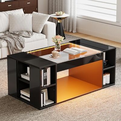 BTM Table Basse de Salon 100 x 50 x 40 cm, d'appoint Centrale ajourée, à thé avec Plateau en Verre trempé, d'appoint LED laquée Brillante, pour réception de Noël, Noire, MDF - Publicité BTM Table Basse de Salon 100 x 50 x 40 cm, d'appoint Centrale ajourée, à thé avec Plateau en Verre trempé, d'appoint LED laquée Brillante, pour réception de Noël, Noire, MDF - Publicité