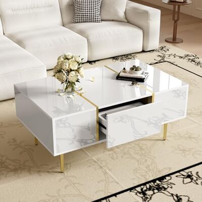 Merax Table basse brillante 100 x 60 x 41,5 cm, avec 2 tiroirs, accents dorés, espace de rangement, design élégant, facile à nettoyer, pour salon, blanc - Publicité Merax Table basse brillante 100 x 60 x 41,5 cm, avec 2 tiroirs, accents dorés, espace de rangement, design élégant, facile à nettoyer, pour salon, blanc - Publicité